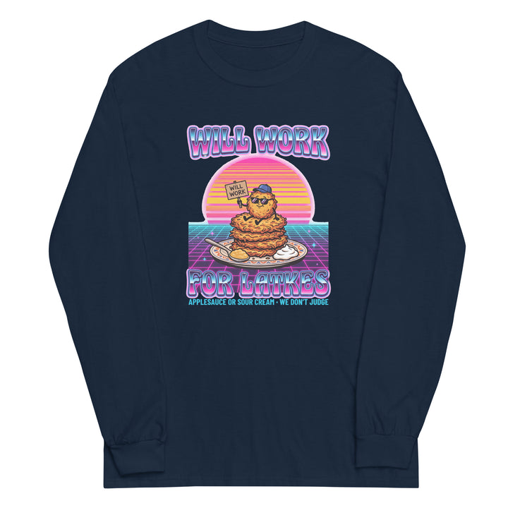 Will Work for Latkes 80s Jewish pride men’s long sleeve shirt in Navy - back view