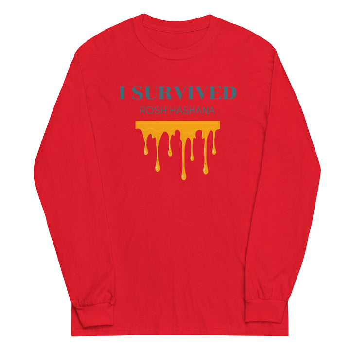I Survived Rosh HaShana Jewish pride men’s long sleeve shirt in Red - flat lay