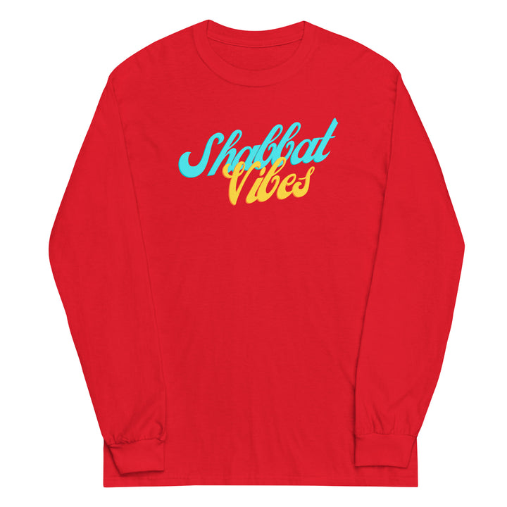Shabbat Vibes Jewish pride men’s long sleeve shirt in Red - flat lay