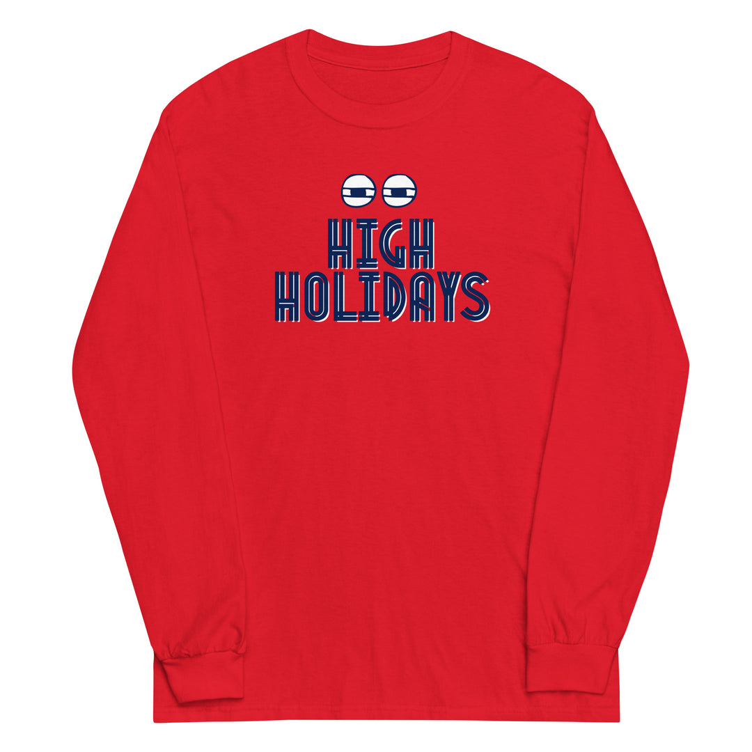High Holidays Jewish pride men’s long sleeve shirt in Red - flat lay