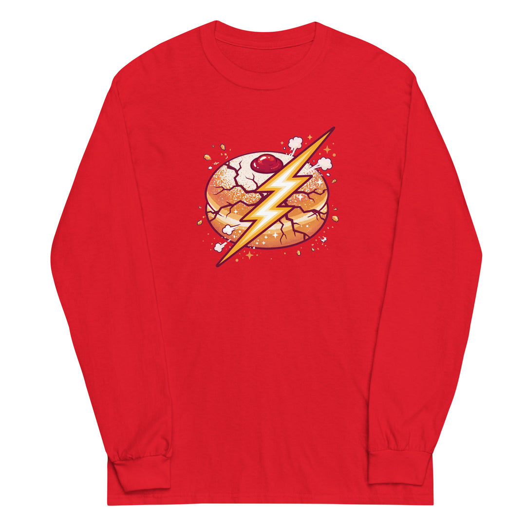 Sufganiyah Lightning Jewish pride men’s long sleeve shirt in Red - flat lay