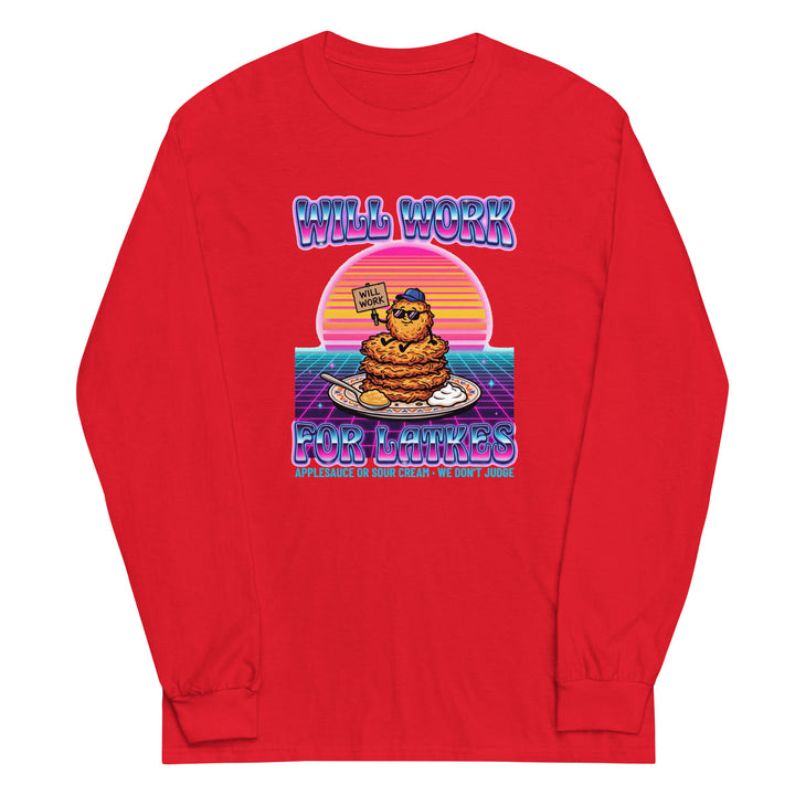 Will Work for Latkes 80s Jewish pride men’s long sleeve shirt in Red - flat lay