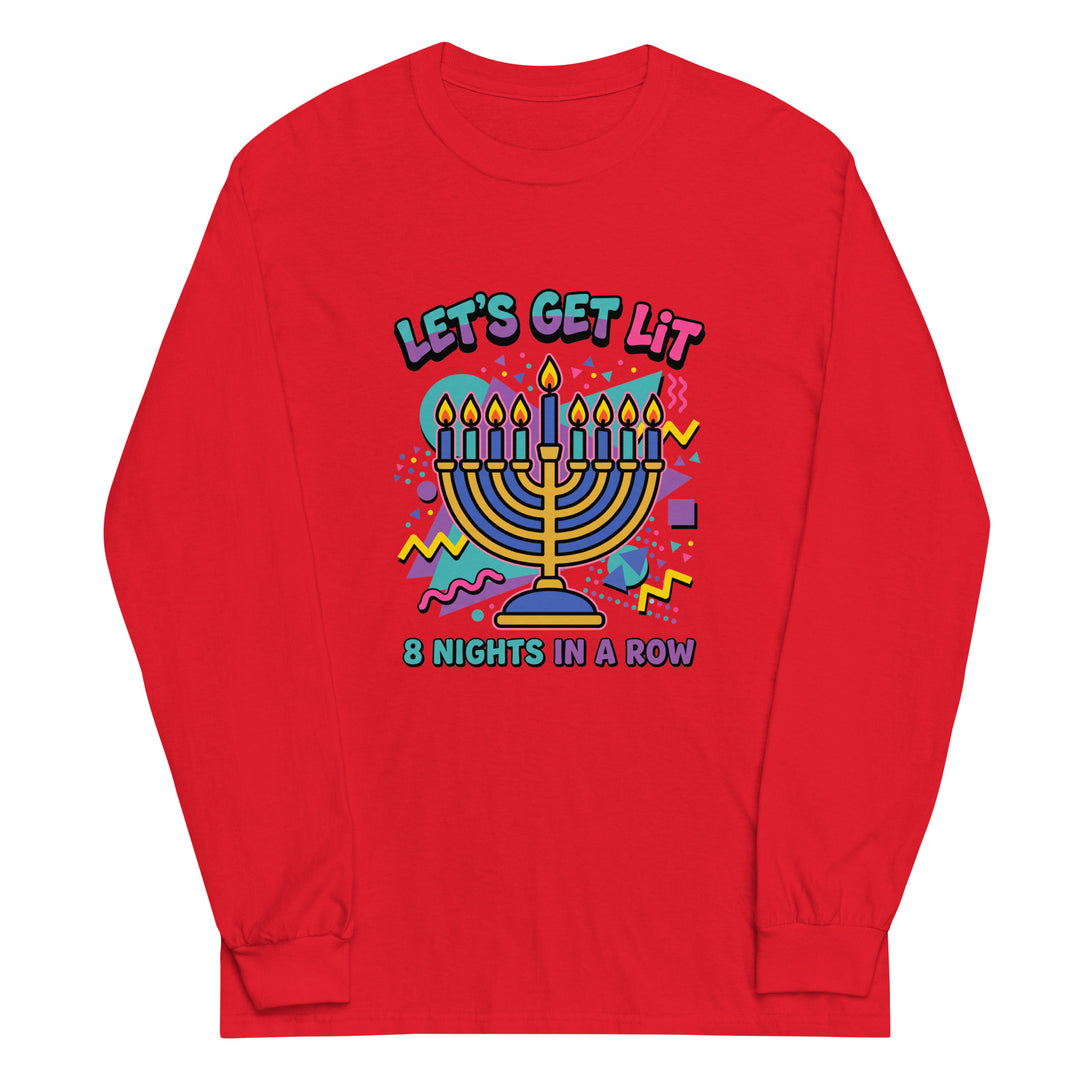 Lets Get Lit 90s Jewish pride men’s long sleeve shirt in Red - detail view