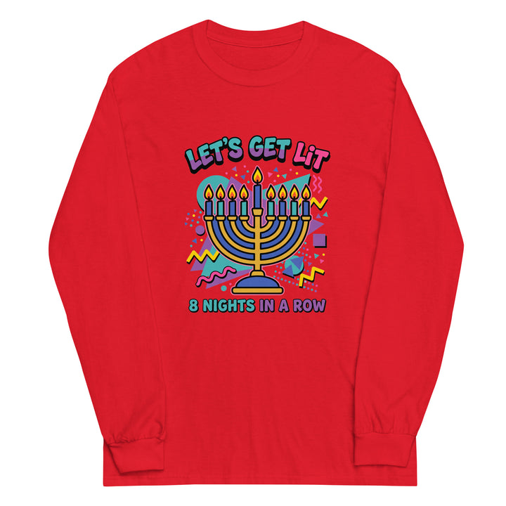 Lets Get Lit 90s Jewish pride men’s long sleeve shirt in Red - detail view