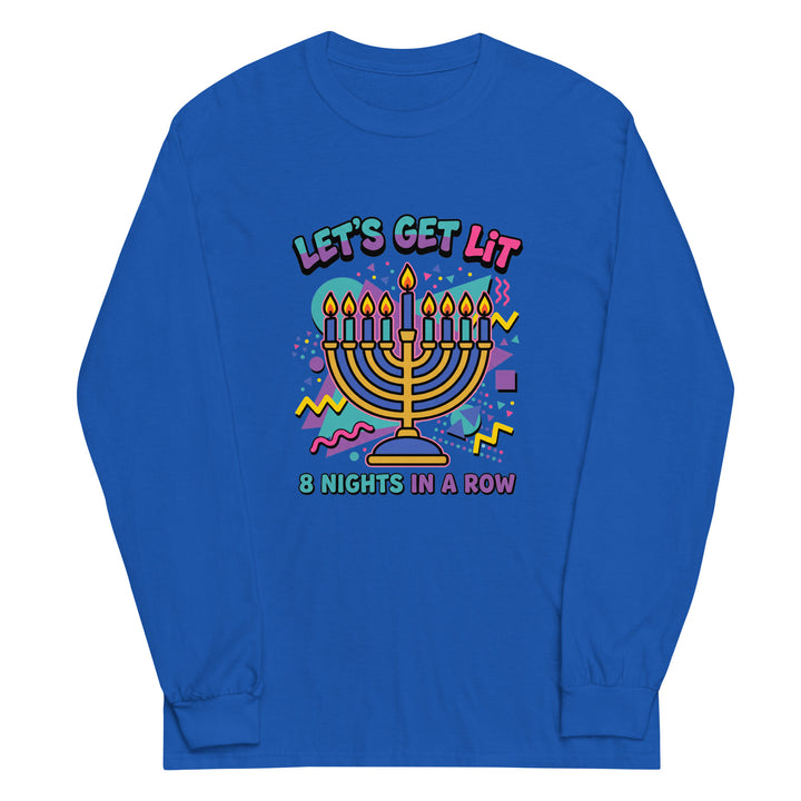 Lets Get Lit 90s Jewish pride men’s long sleeve shirt in Royal - close-up