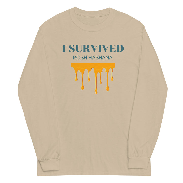 I Survived Rosh HaShana Jewish pride men’s long sleeve shirt in Sand - front view