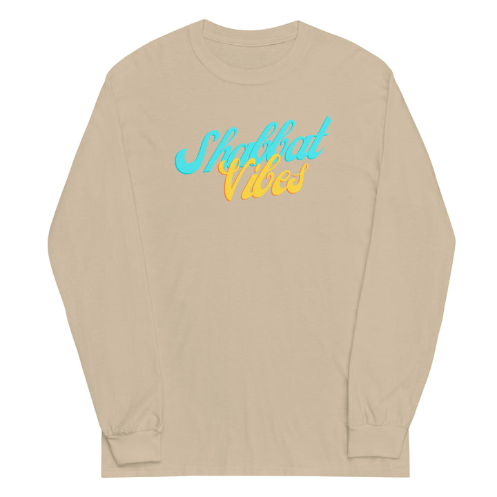 Shabbat Vibes Jewish pride men’s long sleeve shirt in Sand - detail view