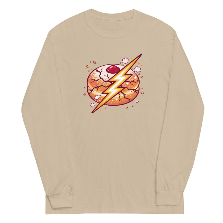 Sufganiyah Lightning Jewish pride men’s long sleeve shirt in Sand - close-up