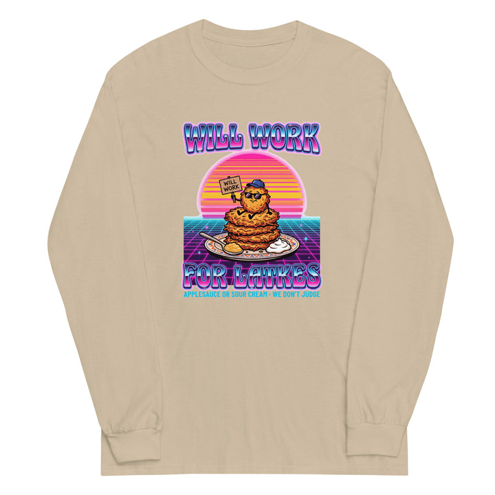 Will Work for Latkes 80s Jewish pride men’s long sleeve shirt in Sand - back view