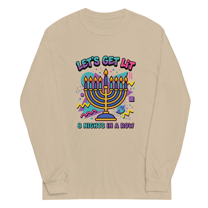 Lets Get Lit 90s Jewish pride men’s long sleeve shirt in Sand - back view