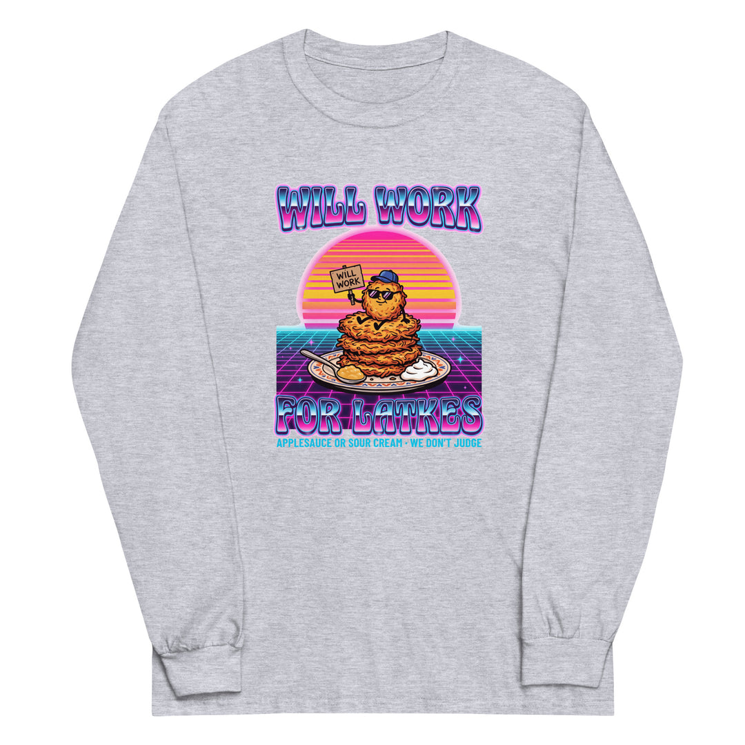 Will Work for Latkes 80s Jewish pride men’s long sleeve shirt in Sport Grey - front view