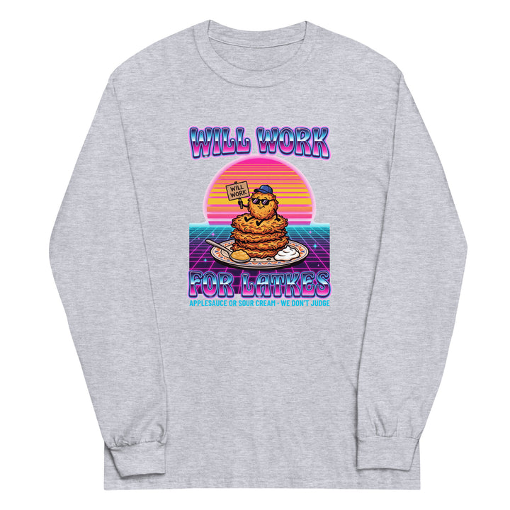 Will Work for Latkes 80s Jewish pride men’s long sleeve shirt in Sport Grey - front view