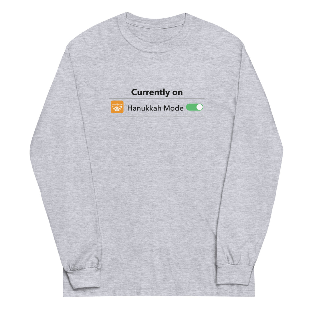 Hanukkah Mode Jewish pride men’s long sleeve shirt in Sport Grey - flat lay