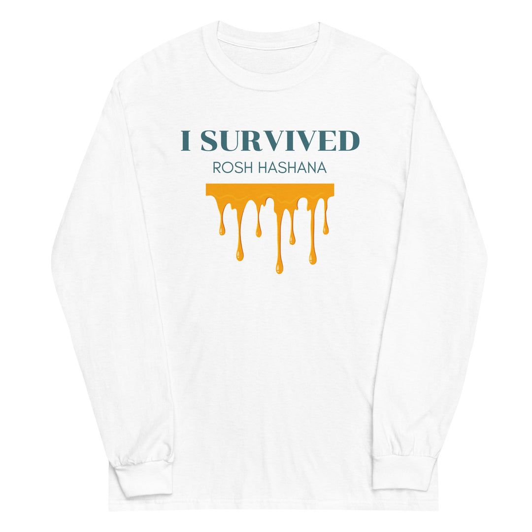 I Survived Rosh HaShana Jewish pride men’s long sleeve shirt in White - detail view