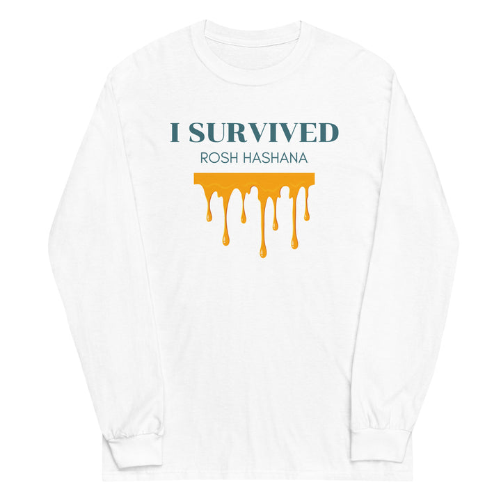 I Survived Rosh HaShana Jewish pride men’s long sleeve shirt in White - detail view