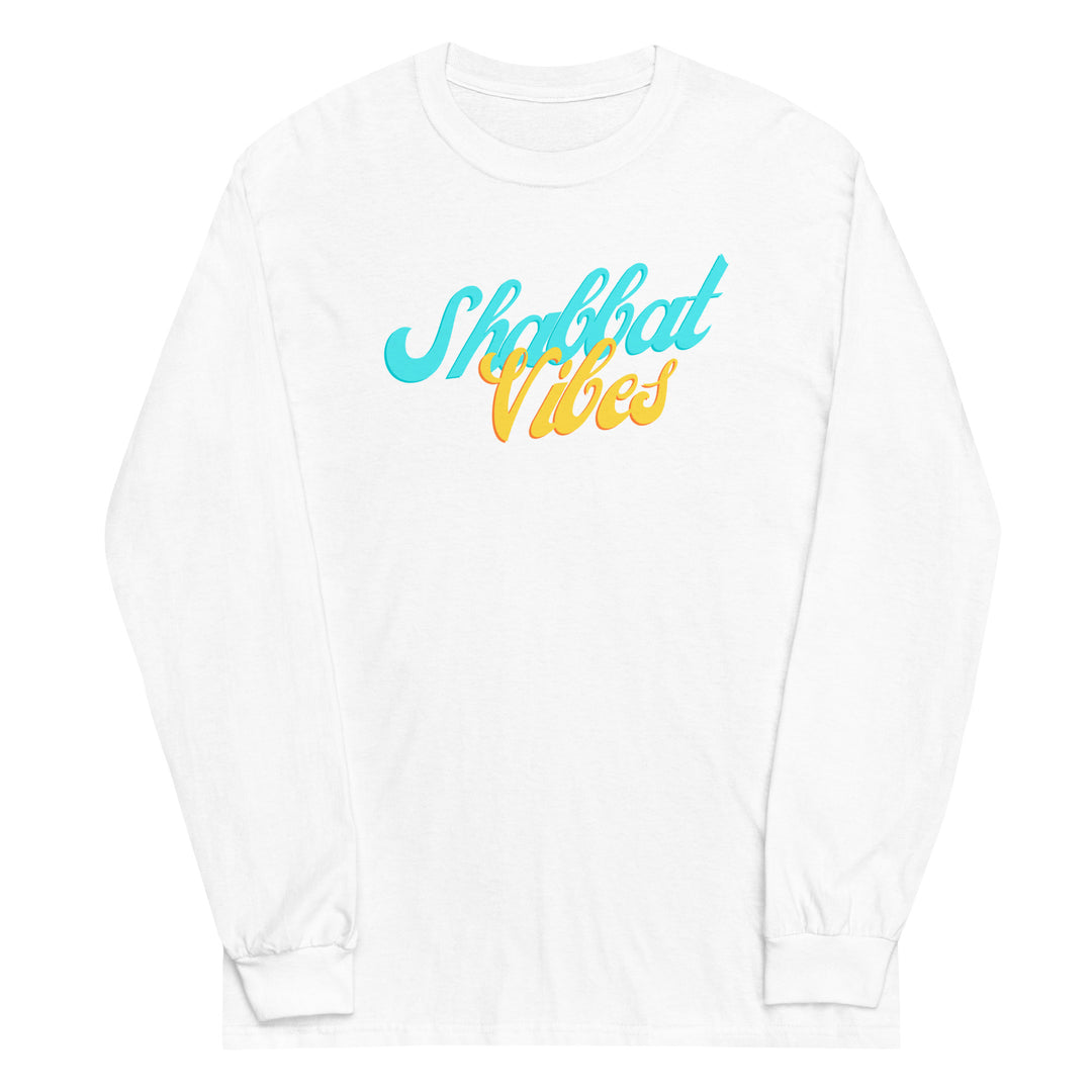 Shabbat Vibes Jewish pride men’s long sleeve shirt in White - flat lay