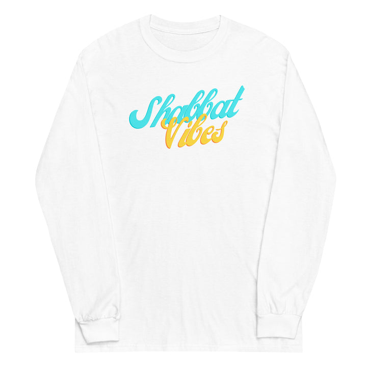 Shabbat Vibes Jewish pride men’s long sleeve shirt in White - flat lay