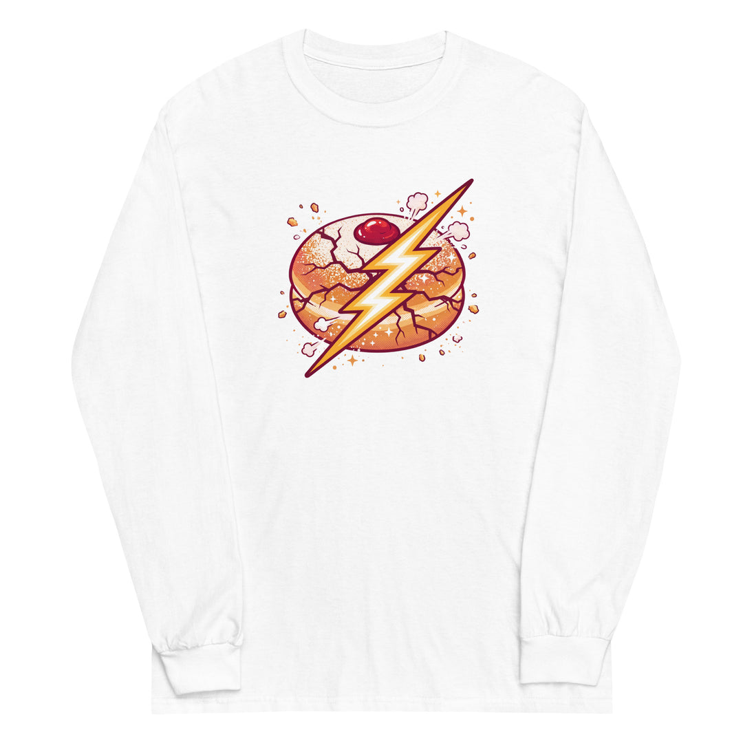 Sufganiyah Lightning Jewish pride men’s long sleeve shirt in White - side view