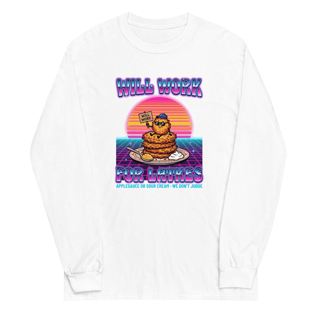 Will Work for Latkes 80s Jewish pride men’s long sleeve shirt in White - close-up