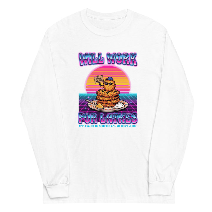 Will Work for Latkes 80s Jewish pride men’s long sleeve shirt in White - close-up