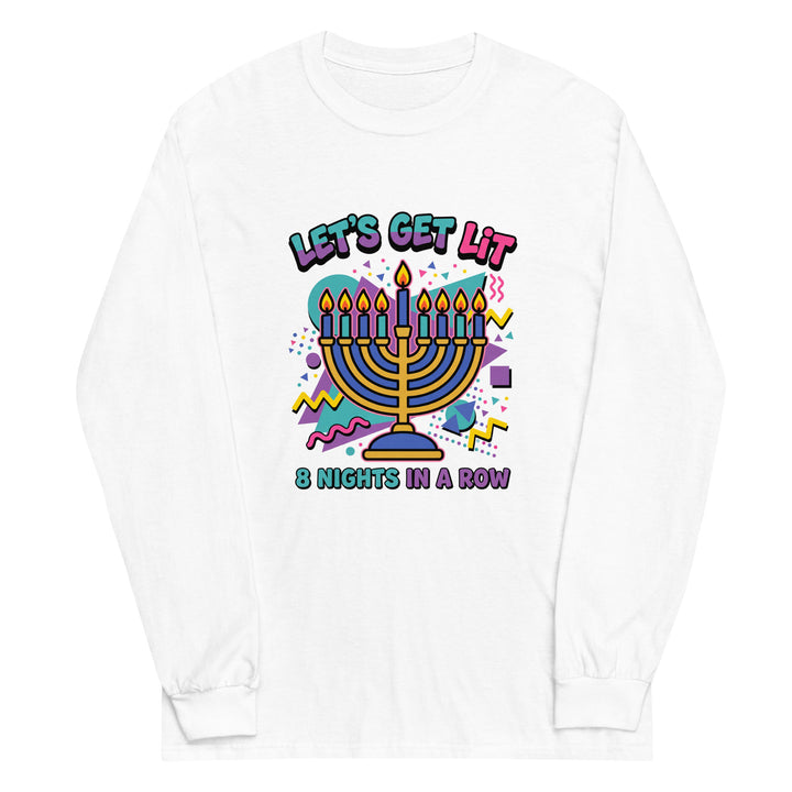 Lets Get Lit 90s Jewish pride men’s long sleeve shirt in White - flat lay