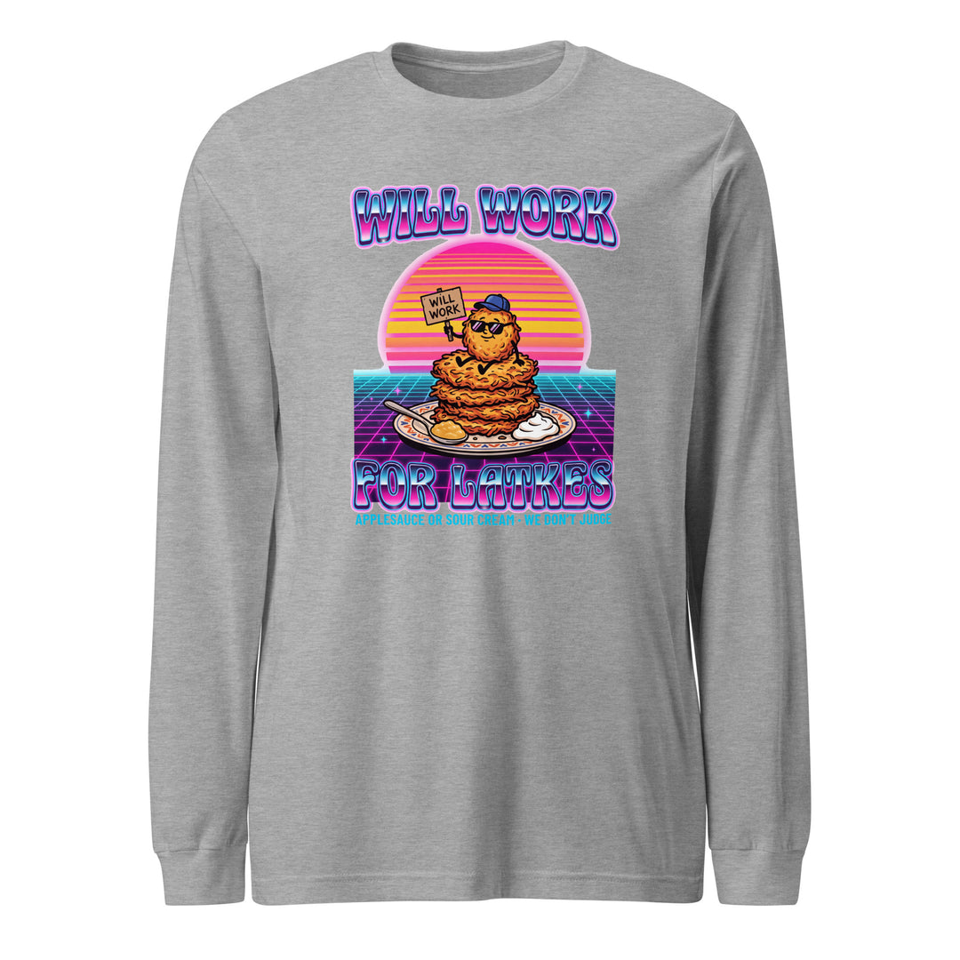 Will Work for Latkes 80s Jewish pride shirt in Athletic Heather - close-up