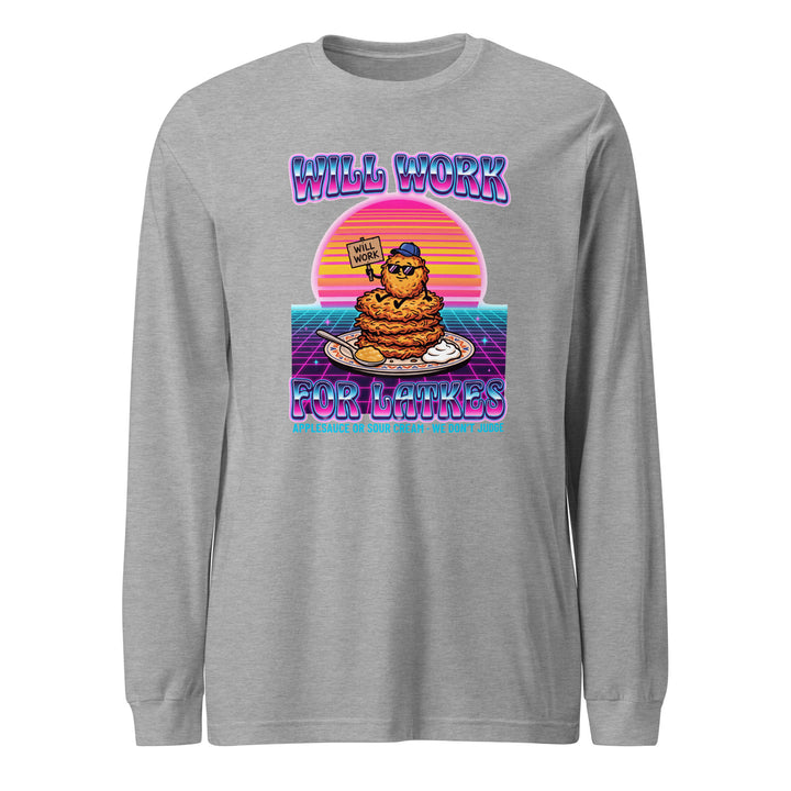 Will Work for Latkes 80s Jewish pride shirt in Athletic Heather - close-up