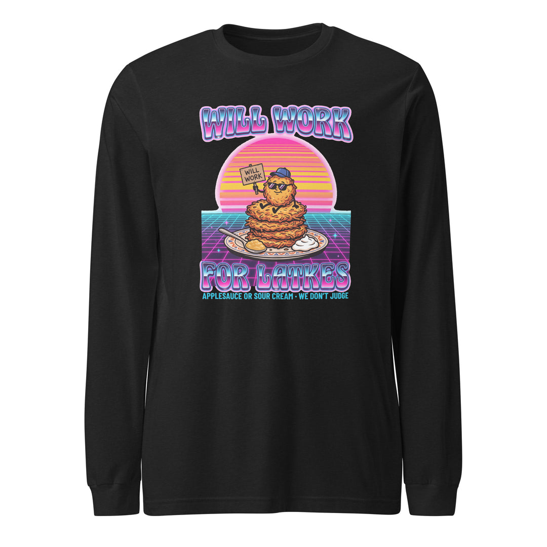 Will Work for Latkes 80s Jewish pride shirt in Black Heather - front view