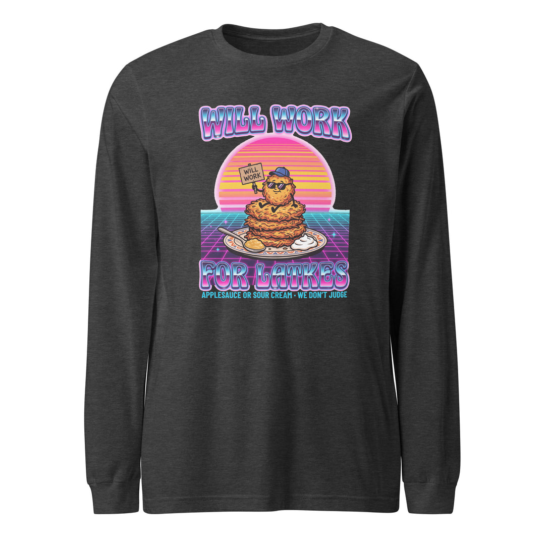 Will Work for Latkes 80s Jewish pride shirt in Dark Grey Heather - side view