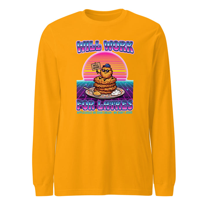 Will Work for Latkes 80s Jewish pride shirt in Gold - detail view