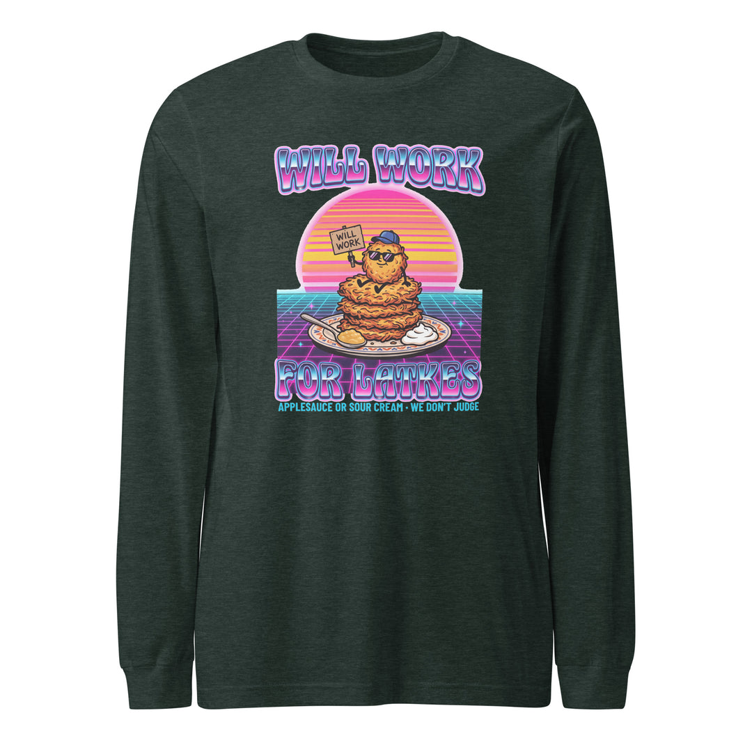 Will Work for Latkes 80s Jewish pride shirt in Heather Forest - lifestyle shot