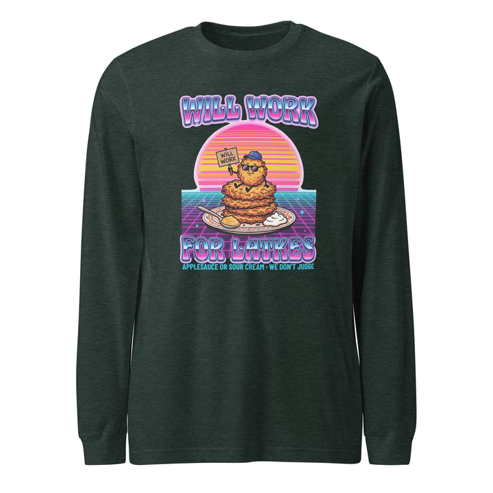 Will Work for Latkes 80s Jewish pride shirt in Heather Forest - lifestyle shot