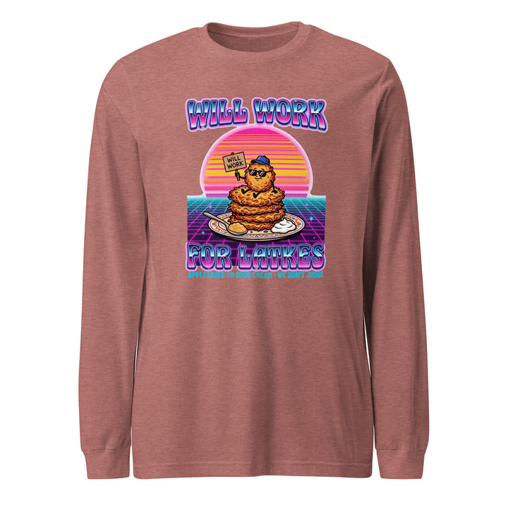 Will Work for Latkes 80s Jewish pride shirt in Heather Mauve - front view