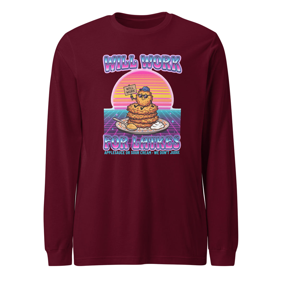 Will Work for Latkes 80s Jewish pride shirt in Maroon - close-up