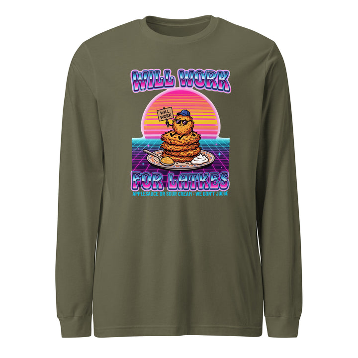 Will Work for Latkes 80s Jewish pride shirt in Military Green - folded view