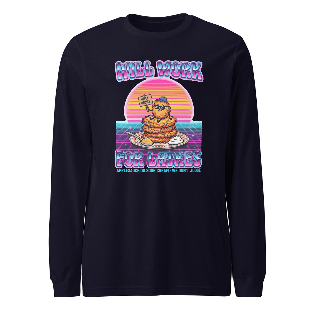 Will Work for Latkes 80s Jewish pride shirt in Navy - detail view