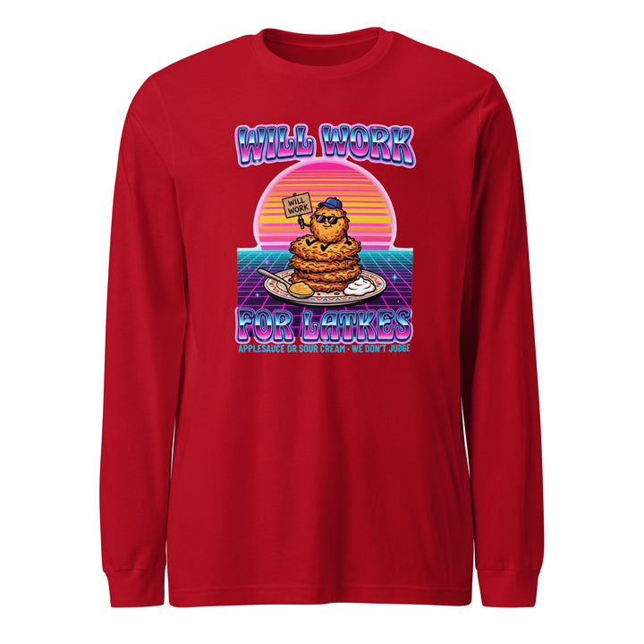 Will Work for Latkes 80s Jewish pride shirt in Red - flat lay