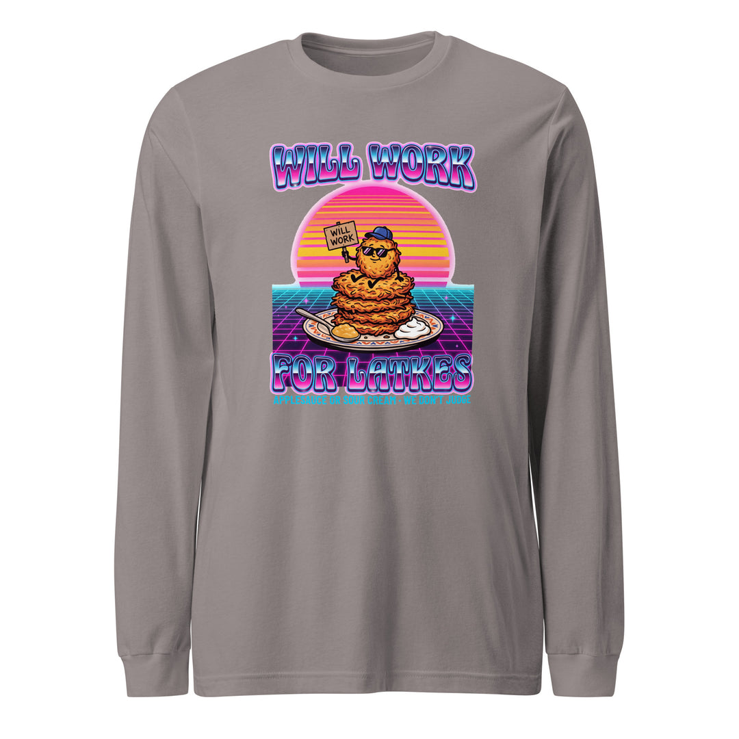 Will Work for Latkes 80s Jewish pride shirt in Storm - back view