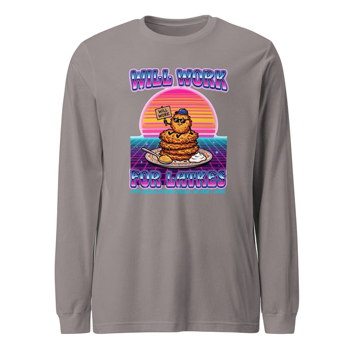 Will Work for Latkes 80s Jewish pride shirt in Storm - back view