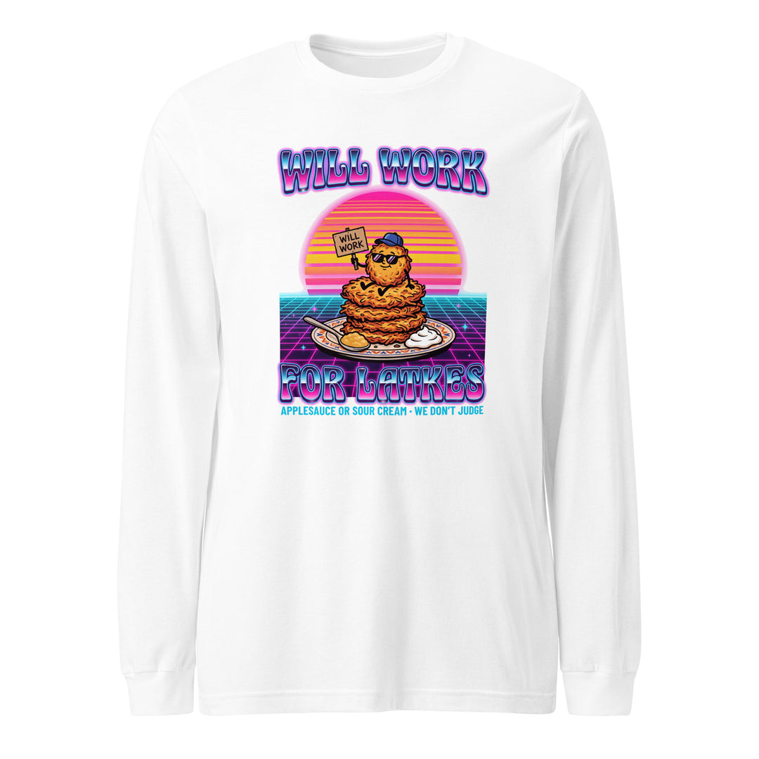 Will Work for Latkes 80s Jewish pride shirt in White - flat lay