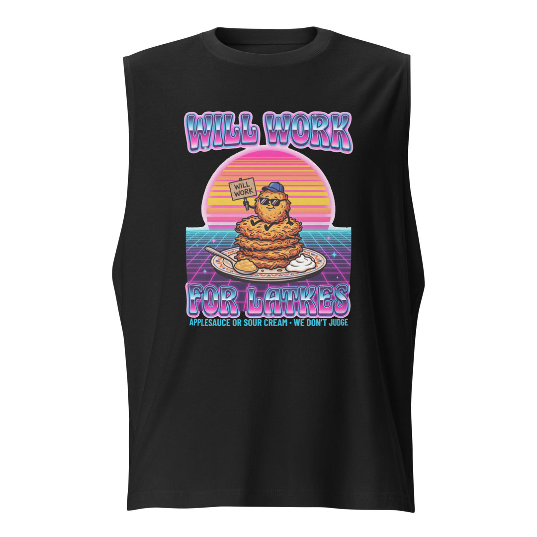 Will Work for Latkes 80s Jewish pride muscle shirt in Black - front view