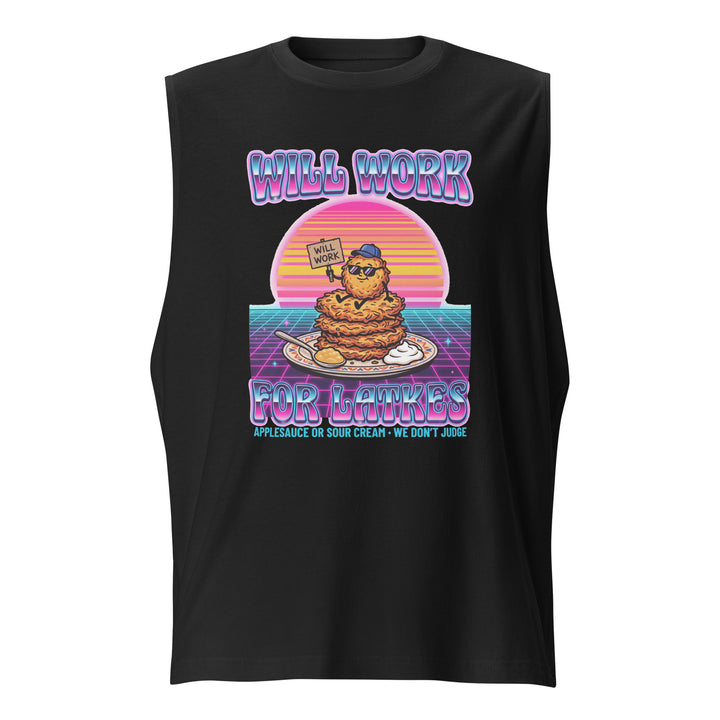Will Work for Latkes 80s Jewish pride muscle shirt in Black - front view