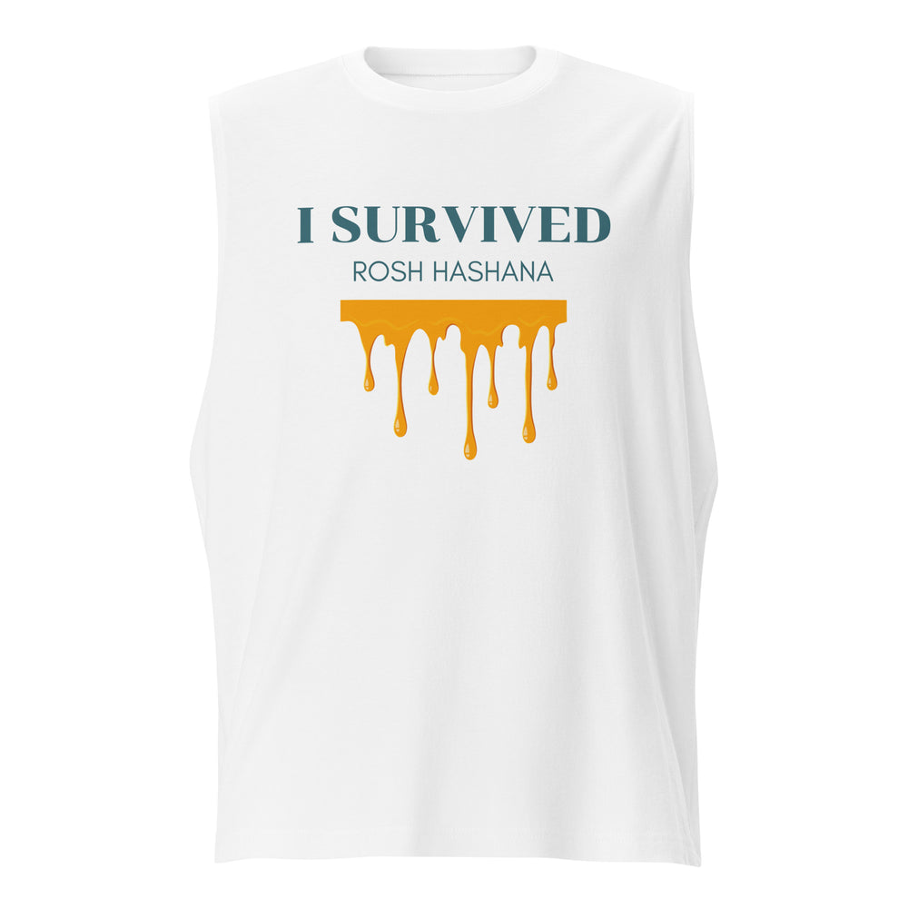 I Survived Rosh HaShana Jewish pride muscle shirt in White - back view