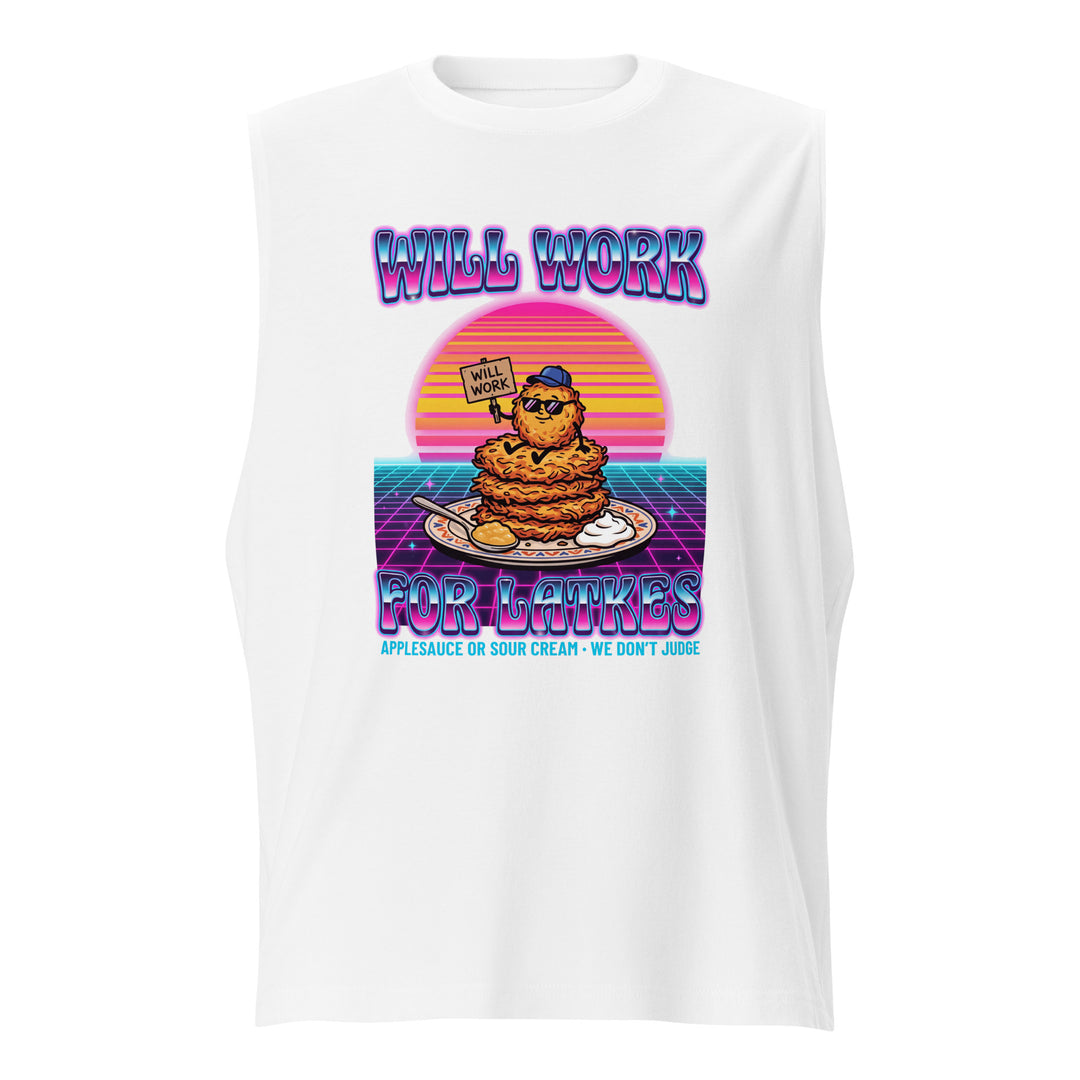 Will Work for Latkes 80s Jewish pride muscle shirt in White - back view