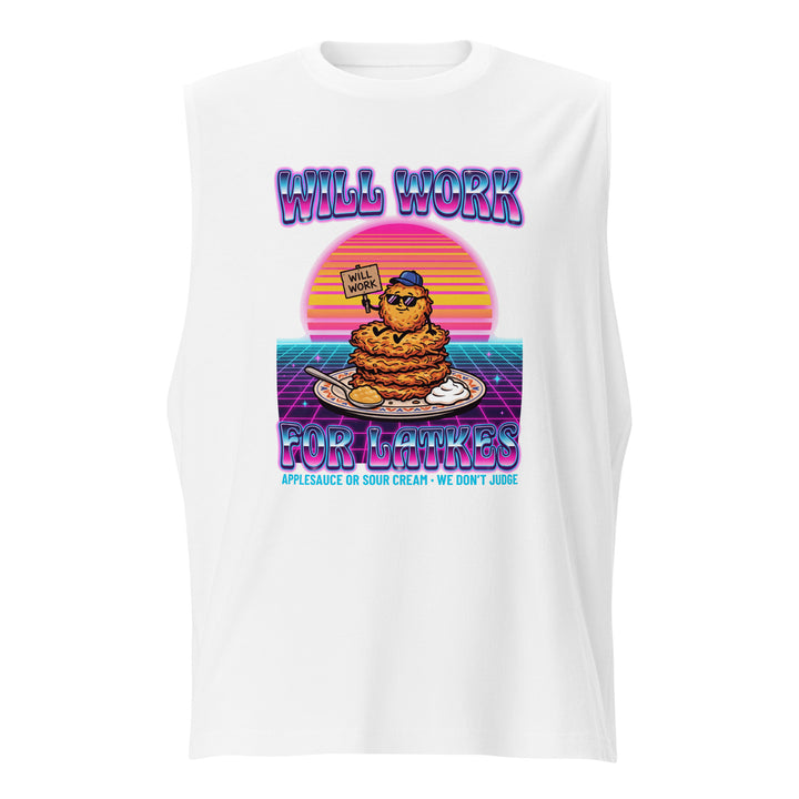 Will Work for Latkes 80s Jewish pride muscle shirt in White - back view