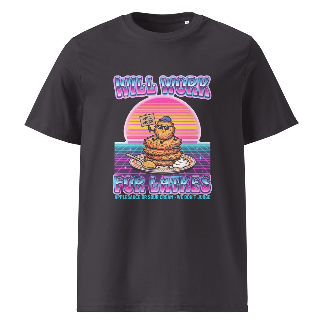 Will Work for Latkes 80s Jewish pride t-shirt in Anthracite - close-up