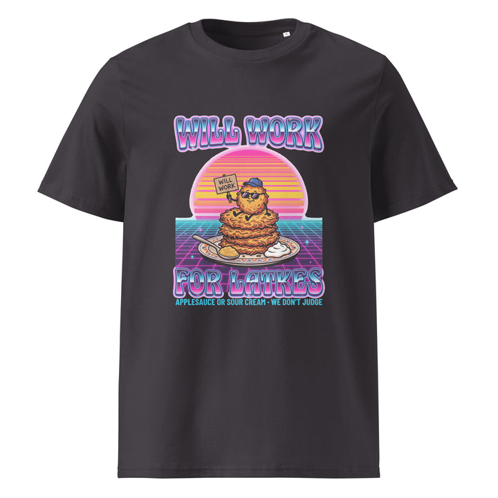 Will Work for Latkes 80s Jewish pride t-shirt in Anthracite - close-up
