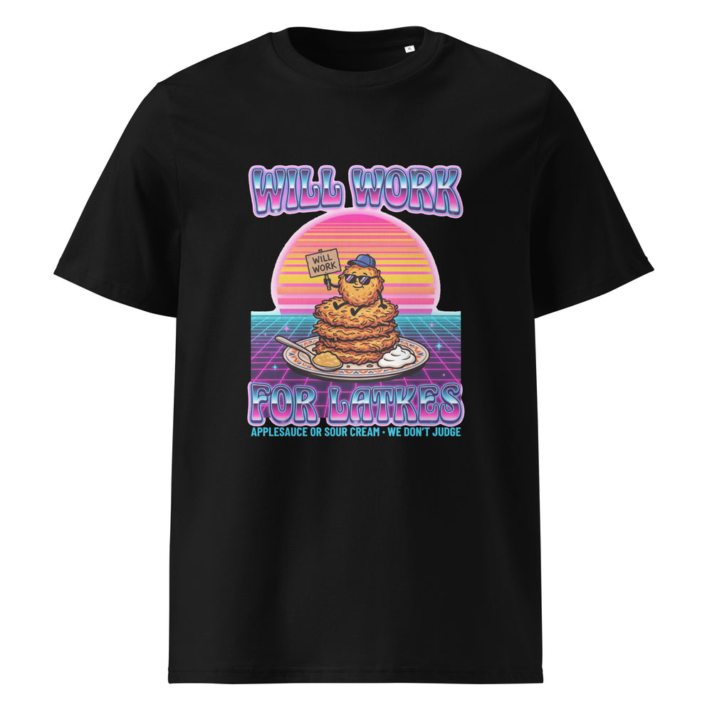 Will Work for Latkes 80s Jewish pride t-shirt in Black - back view