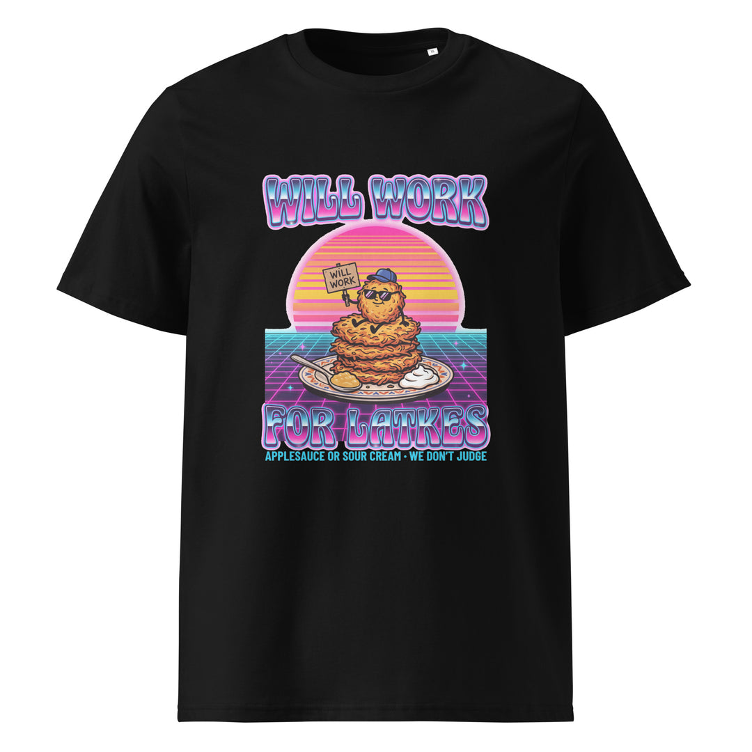 Will Work for Latkes 80s Jewish pride t-shirt in Black - back view