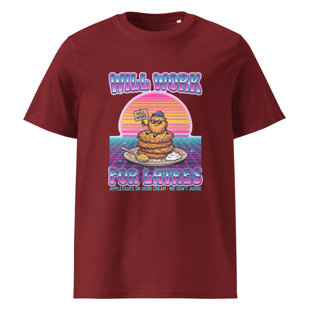 Will Work for Latkes 80s Jewish pride t-shirt in Burgundy - detail view
